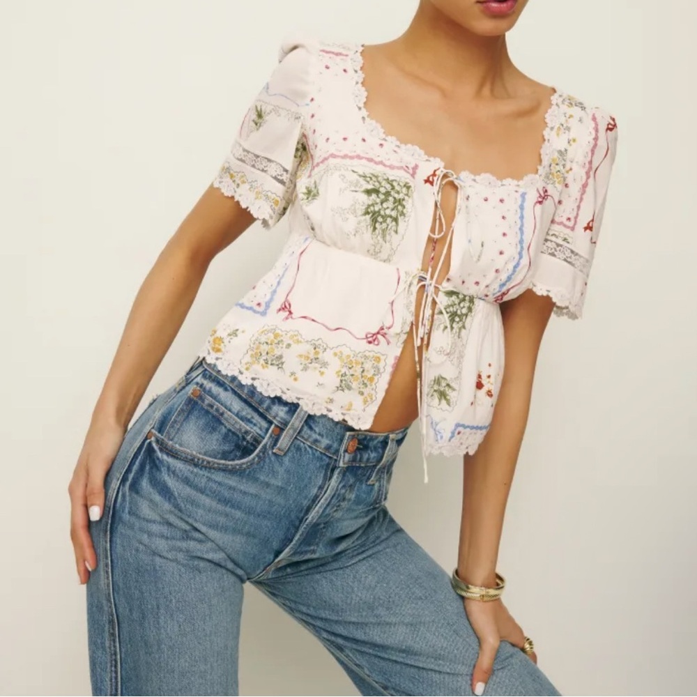 Reformation Cream Floral Lace Blouse